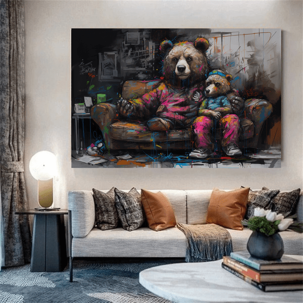 animals canvas wall art - A Bear with its Baby Sitting on Couch Canvas